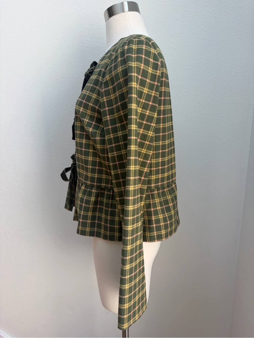 Sezane Brenda Plaid Blouse Checkered Tie Front Fall Top Velvet Green Size Medium - Picture 6 of 13